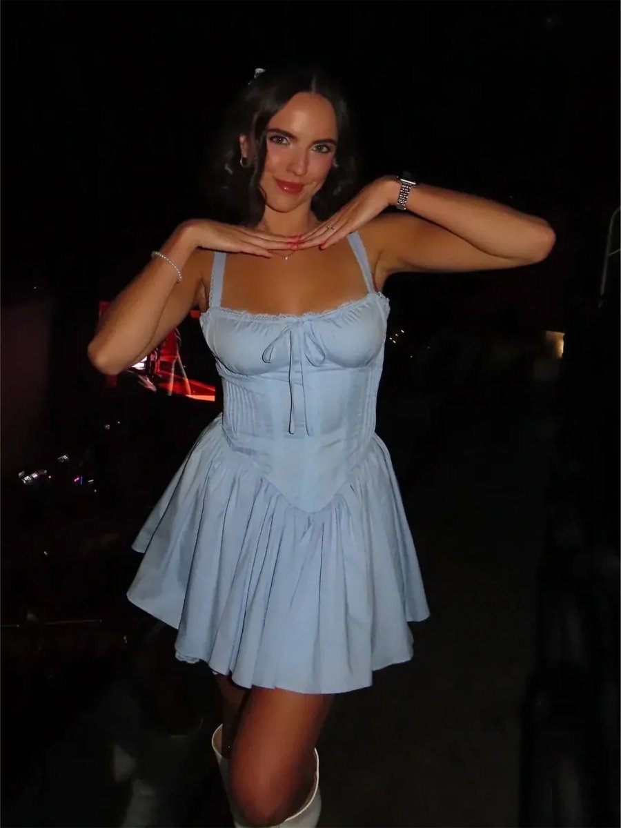 Satin Blue Square Neck A-Line Homecoming Dress with Back Bow Detail
