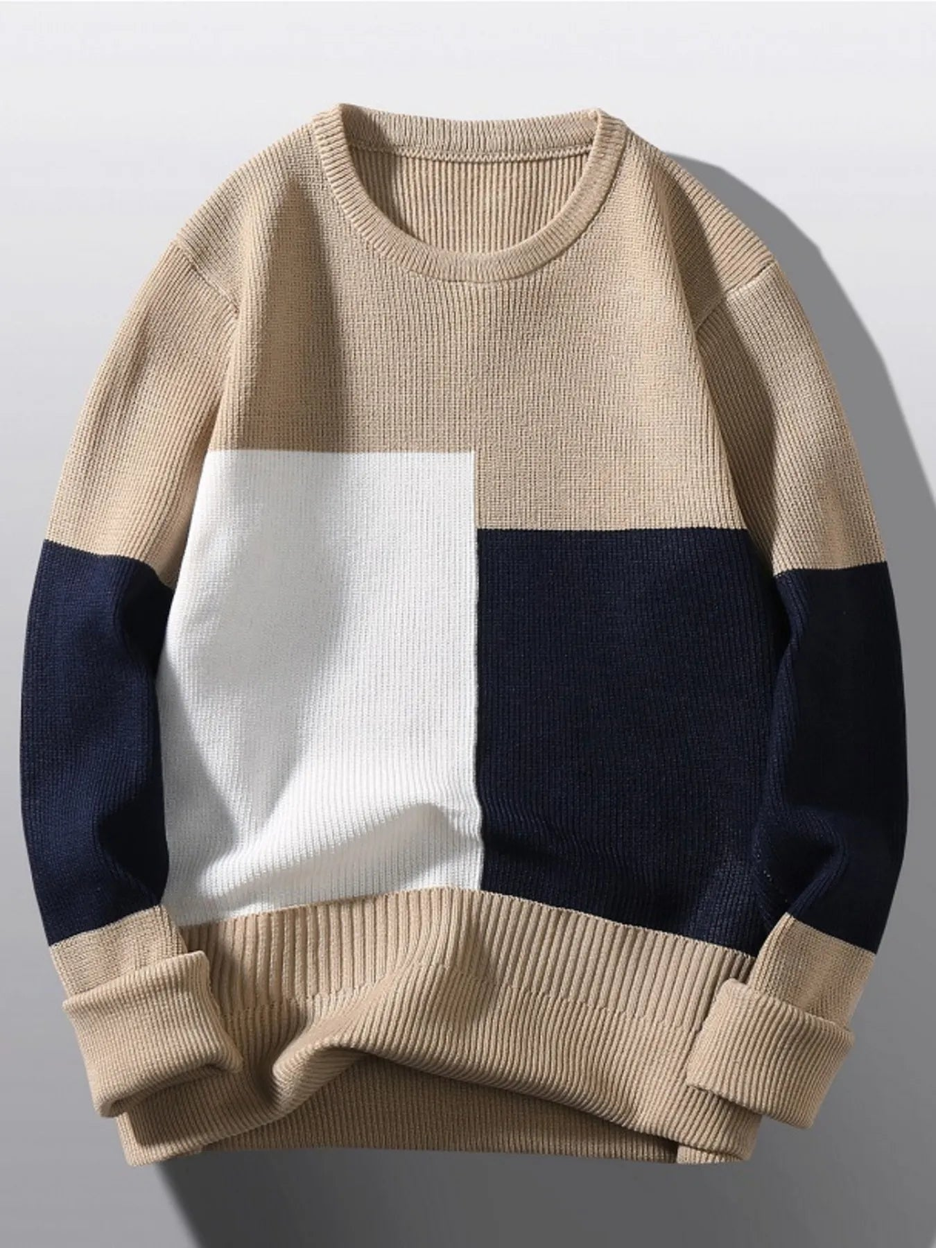 Black Color Block Round Neck Sweater for Men