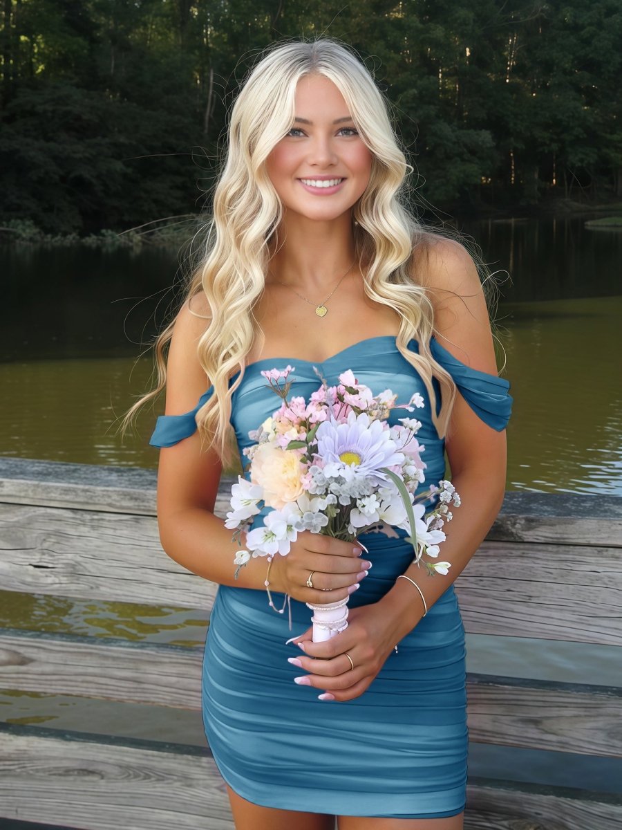 Peacock Tulle Off-The-Shoulder Short Homecoming Dress