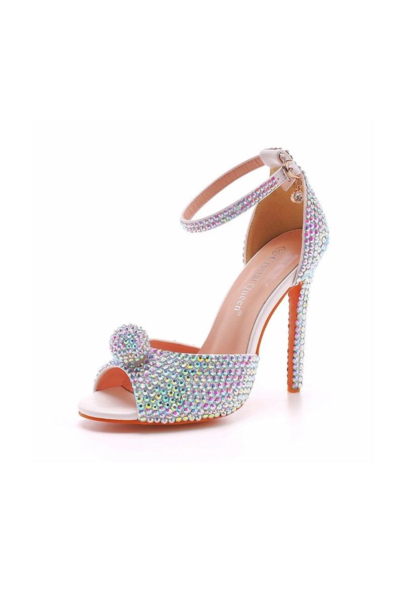 Silver Rhinestone Stiletto Heel Ankle Strap Shoes