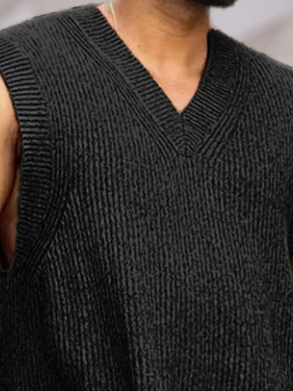 Black V-Neck Knit Sweater Vest for Men