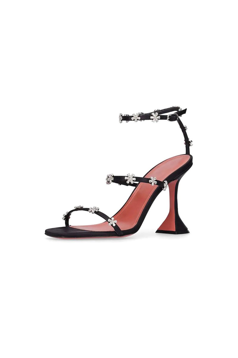 Black Open Toe Chunky Heels with Rhinestone Embellishments