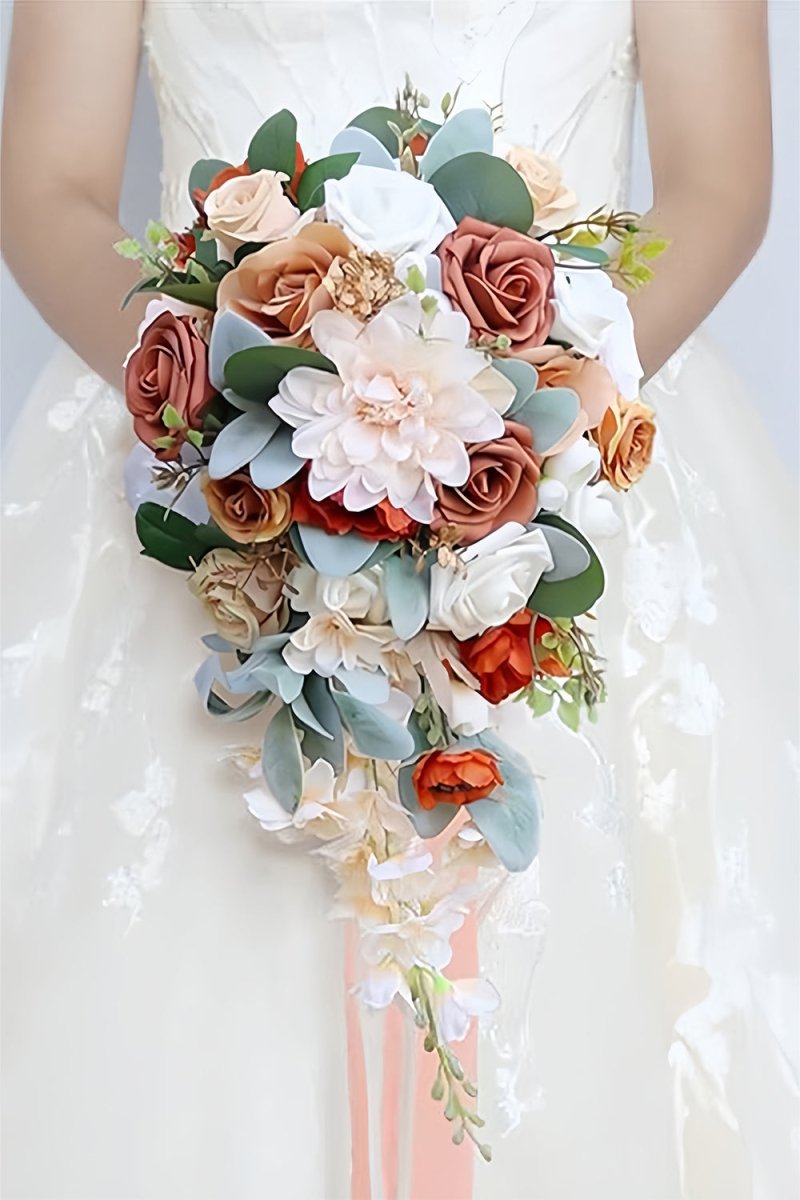 Elegant Silk Rose Peony Wedding Bouquet - Orange Cascade Design