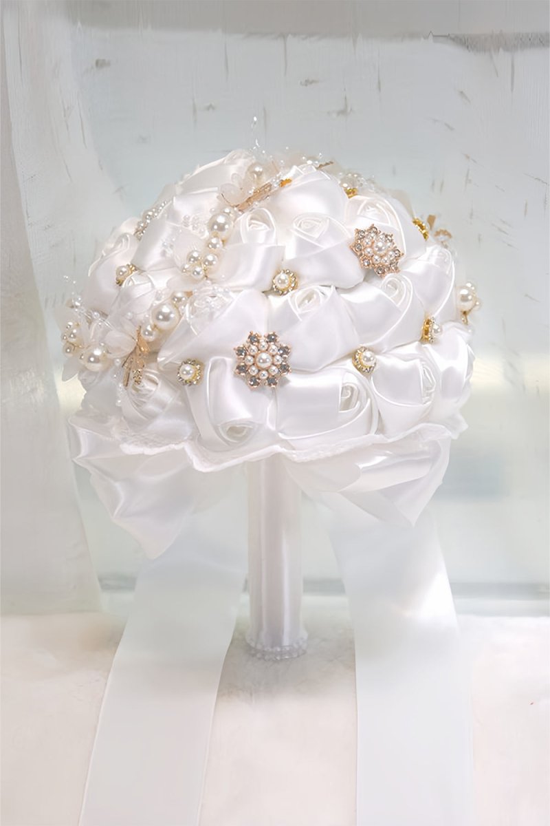 White Satin Pearl Cascade Bridal Bouquet
