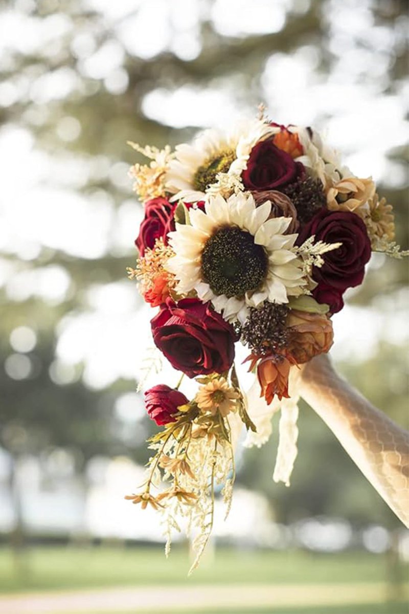 Silk Sunflower Rose Cascade Bouquet - Romantic Wedding Flowers