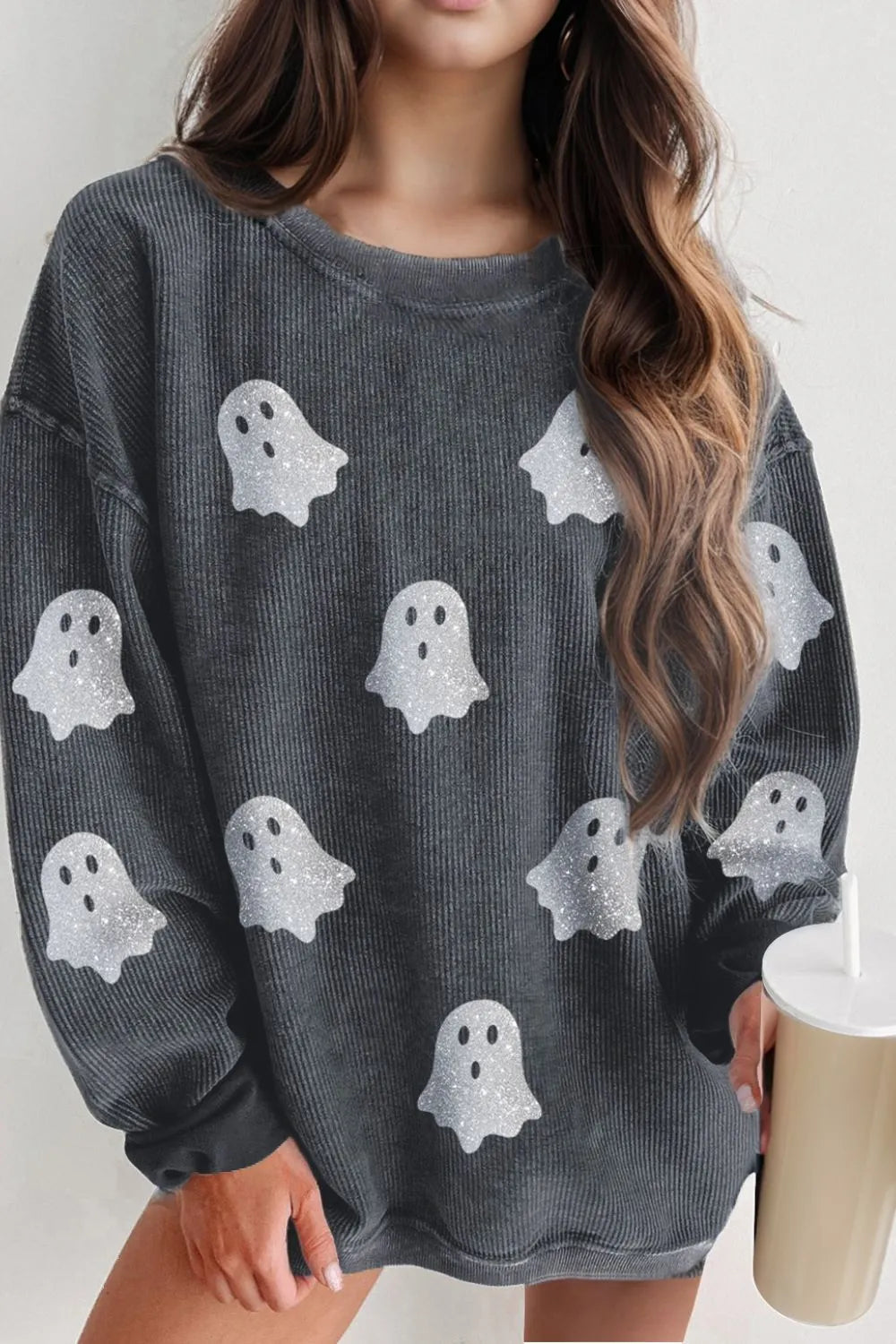 Glitter Sheer Long Sleeve Sweatshirt in French Blue