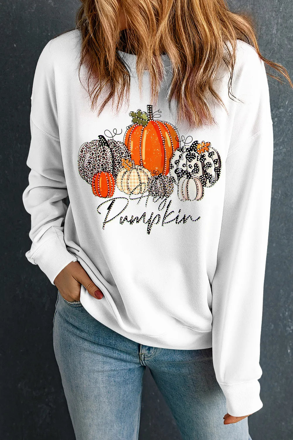 White Pumpkin Graphic Sweatshirt Dropped Shoulder