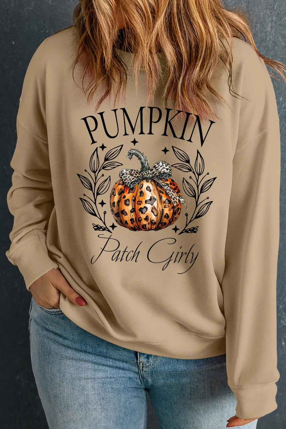 Pumpkin Graphic Long Sleeve Plus Size Sweatshirt in Khaki