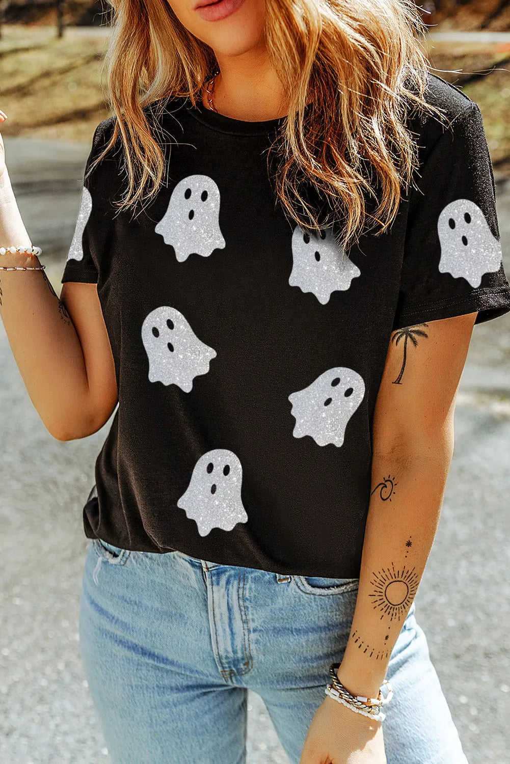 Glitter Sheer Round Neck T-Shirt in Black