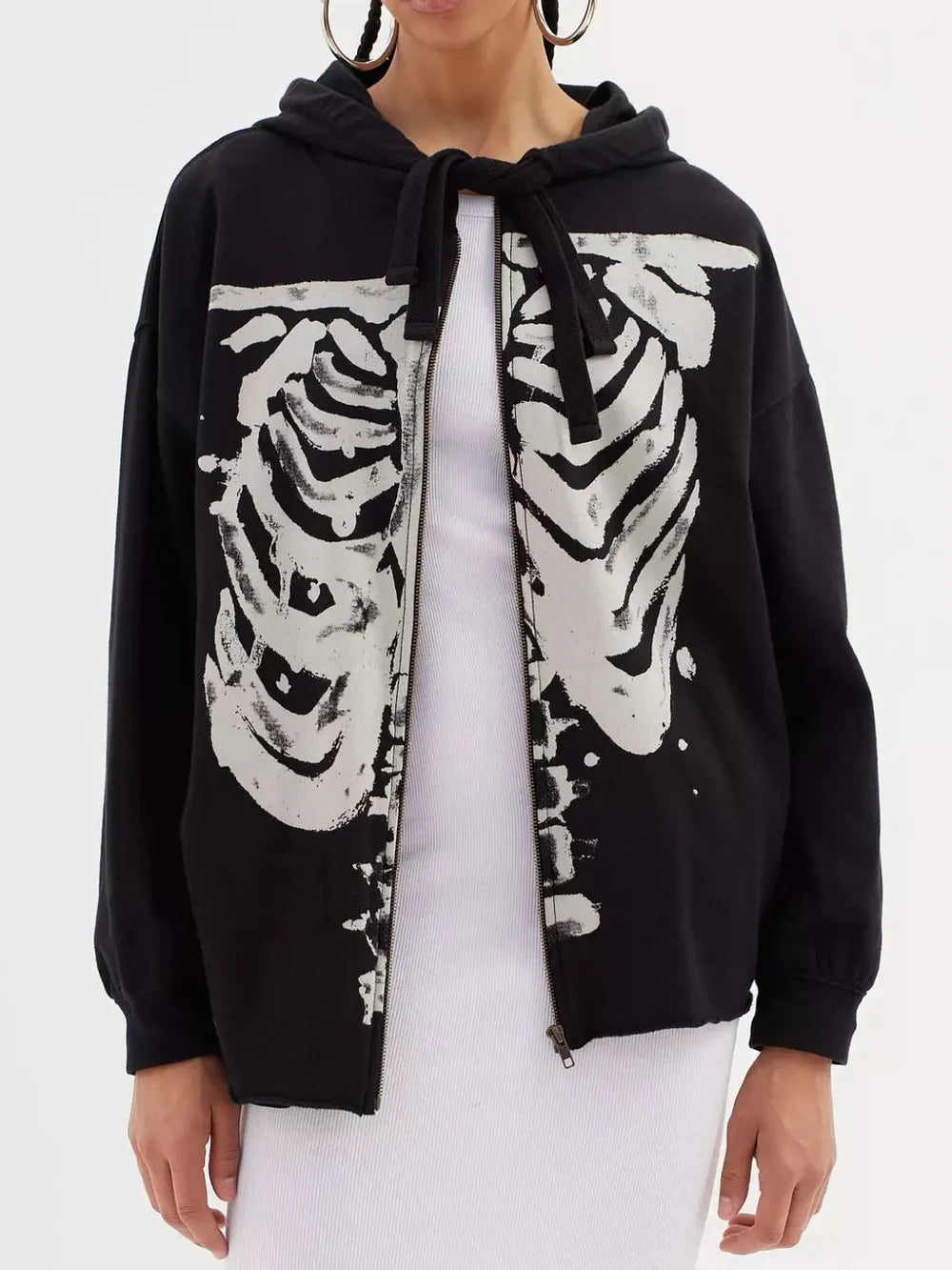 Black Skeleton Zip Up Hoodie with Drawstring
