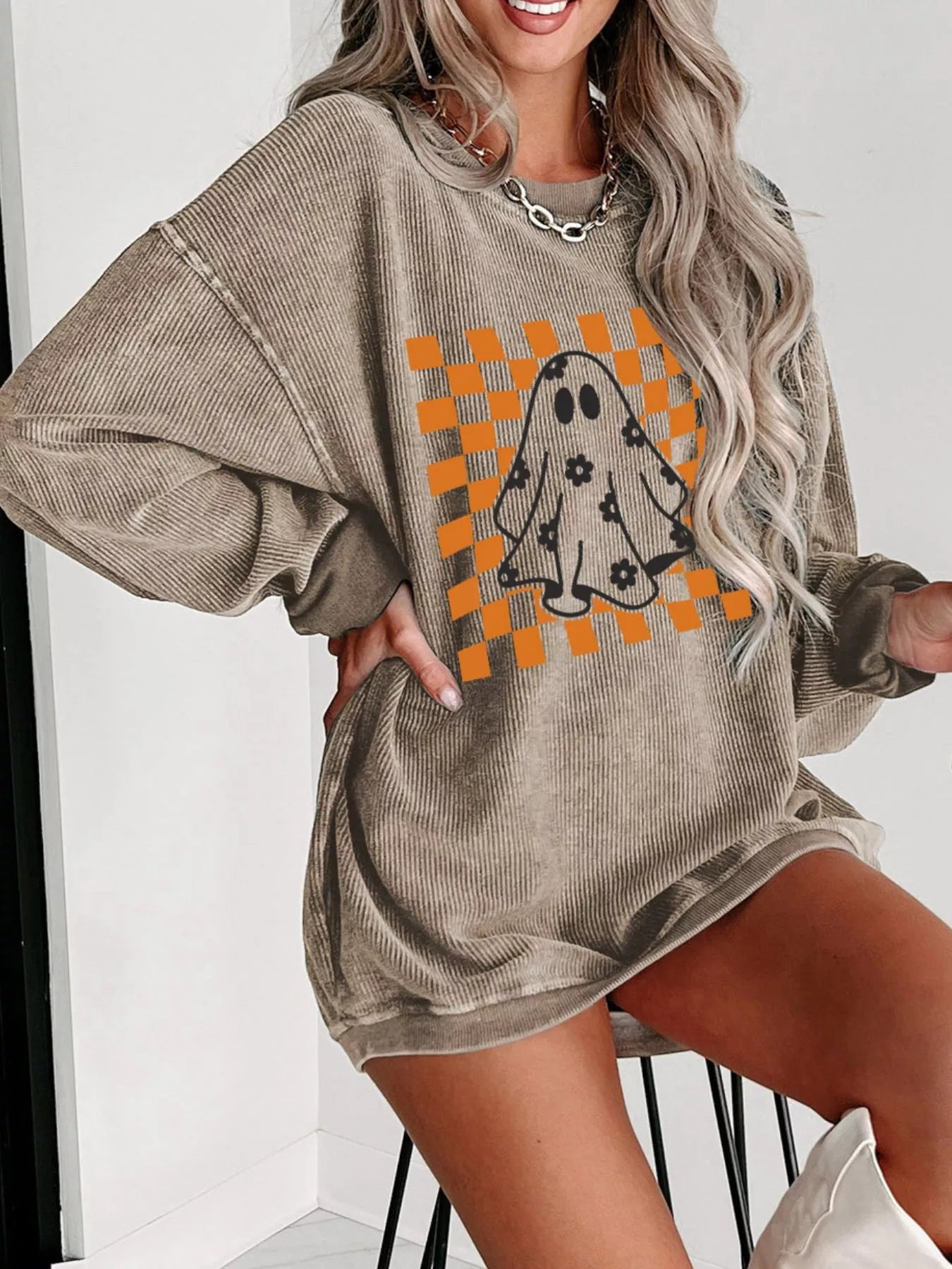 Checkerboard Floral Ghost Graphic Corded Sweatshirt in Khaki