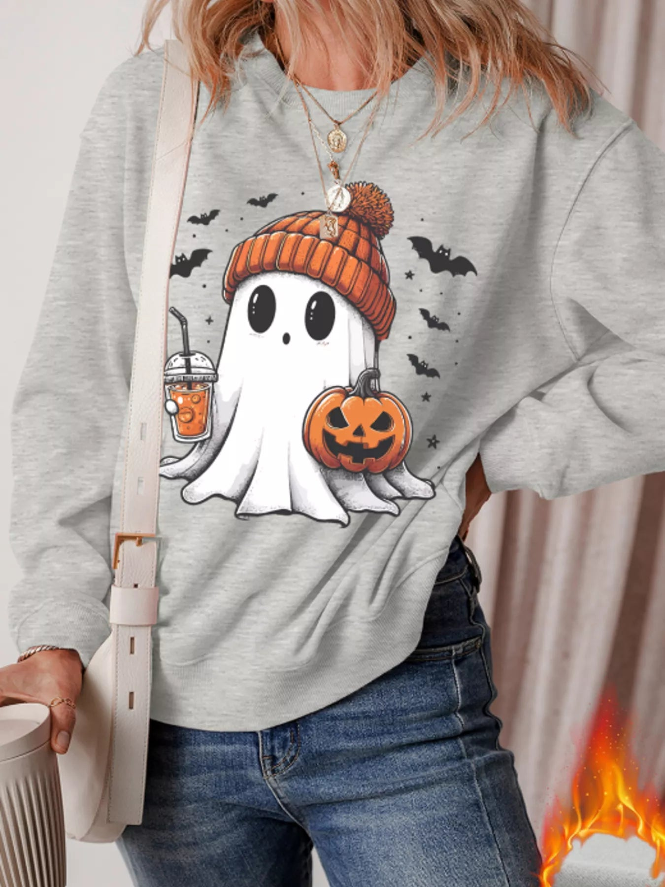 Ghost Halloween Sweatshirt Gray Basic Style