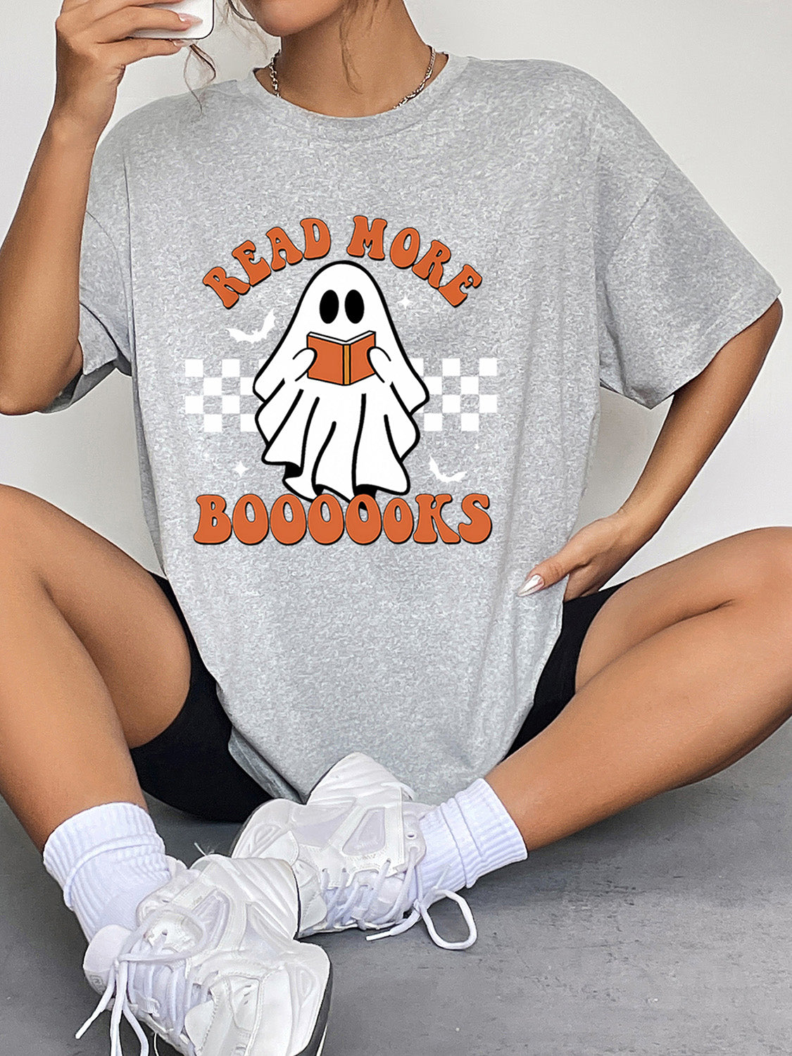 Ghost Graphic Round Neck T-Shirt in Black XL Cloudy Blue S M L
