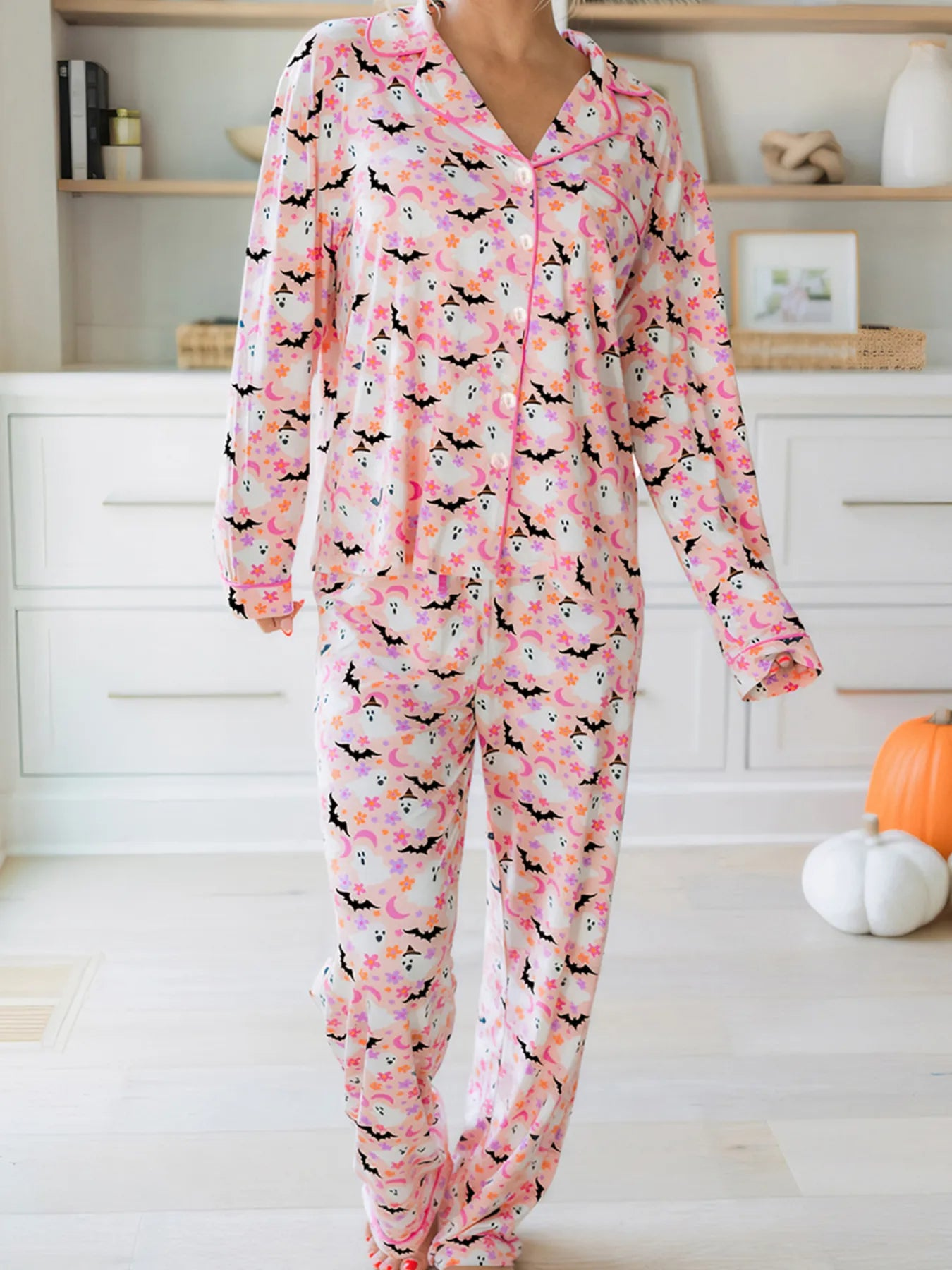 Ghost Print Lounge Set with Button-Up Top and Pants