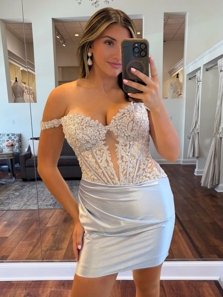 Silver Off-The-Shoulder Satin Homecoming Dress with Appliques