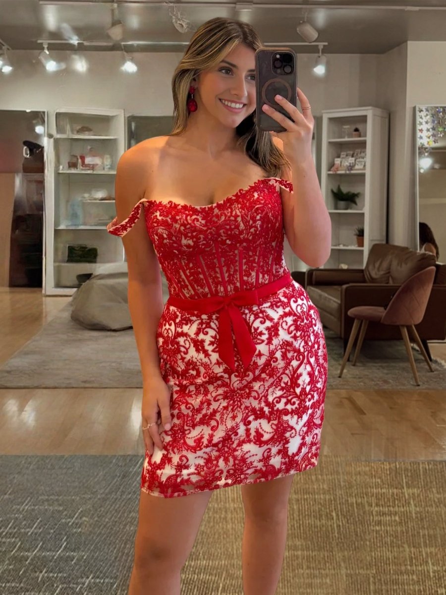 Red Lace Off the Shoulder Bodycon Homecoming Dress with Beaded Appliques