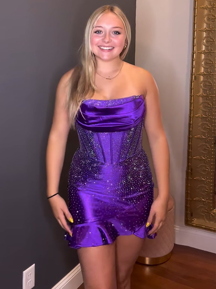 Strapless Purple Satin Bodycon Homecoming Dress with Beading