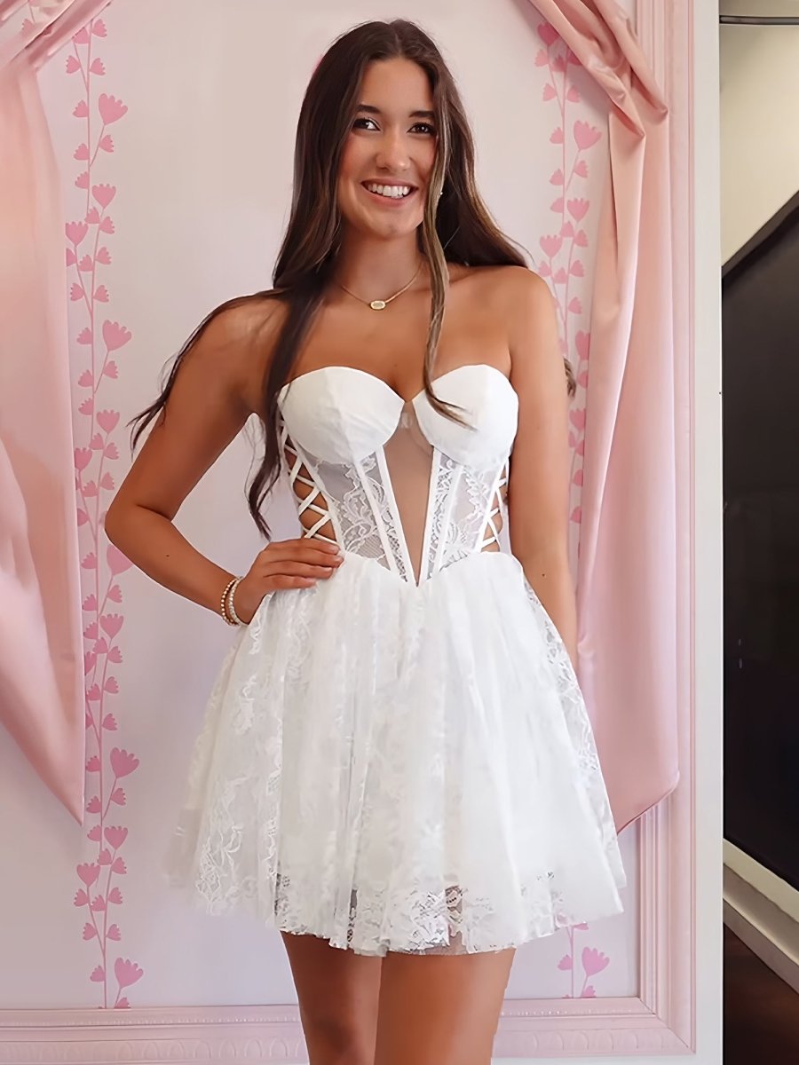 Chic White Lace A-Line Short Homecoming Dress with Cut Out Detail