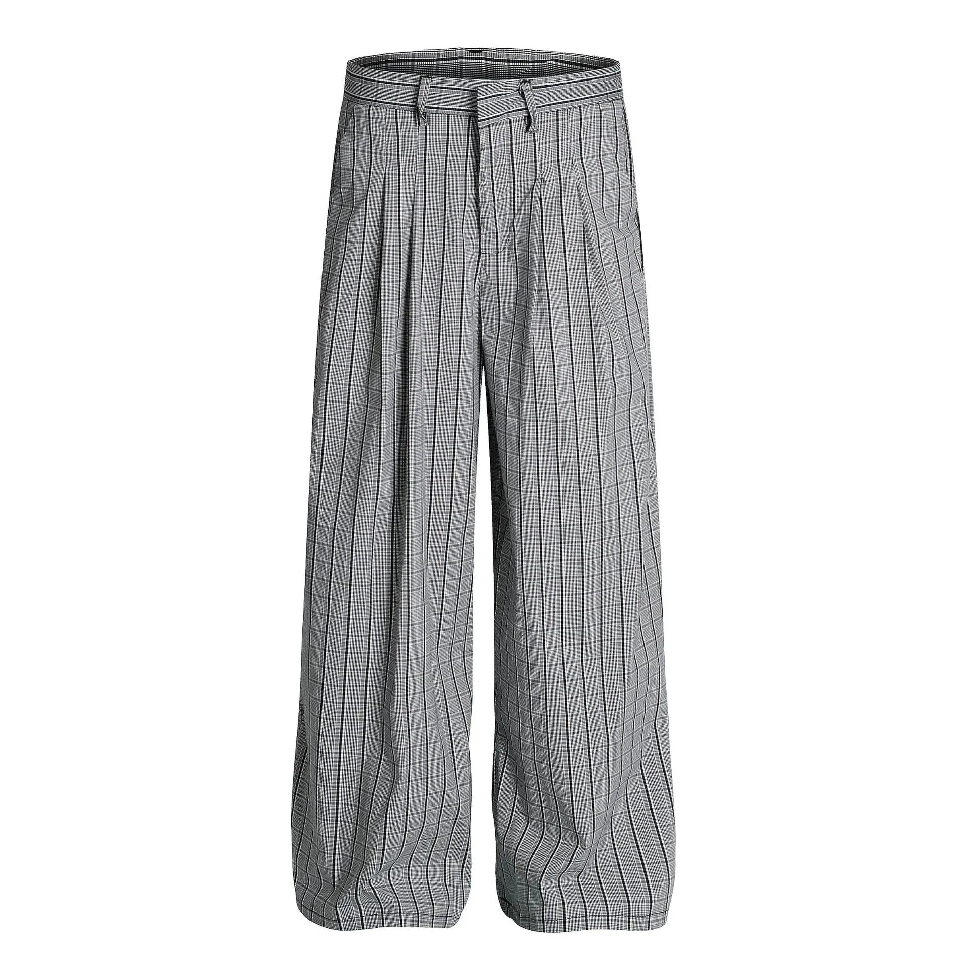 Textured Wide Leg Pants for Men - Gray Plaid