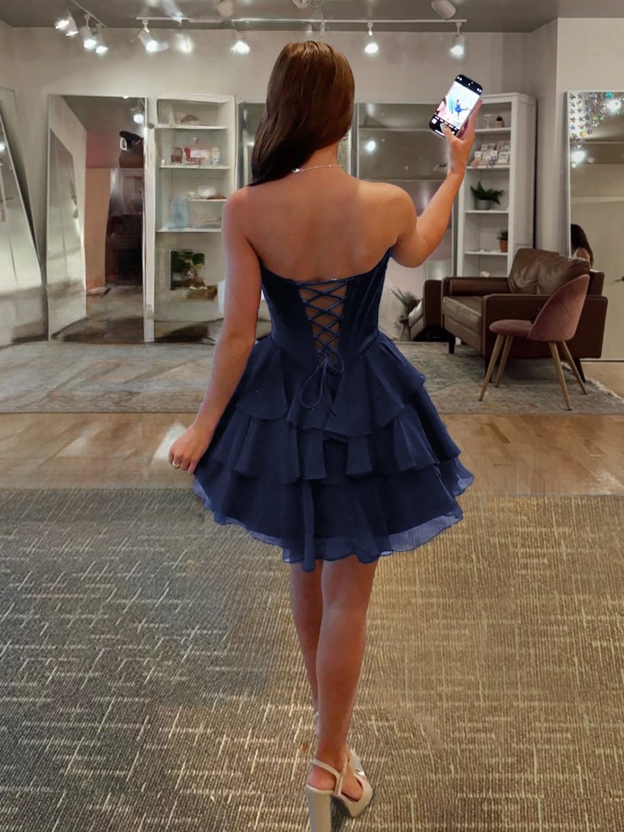 Navy Blue Chiffon A-Line Sweetheart Homecoming Dress with Applique
