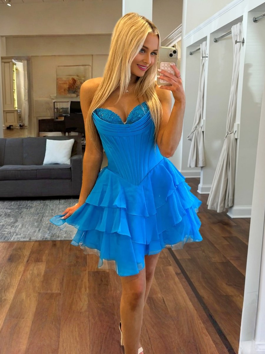Azure A-Line Sweetheart Homecoming Dress with Ruffle Applique
