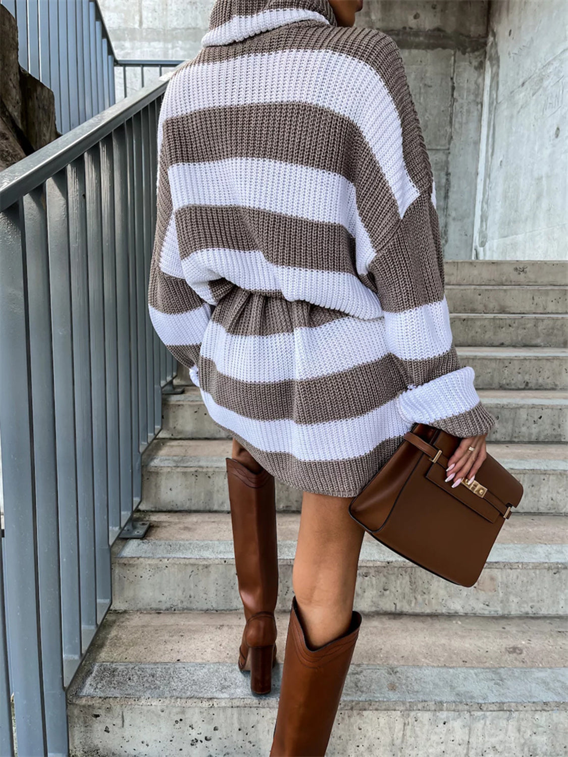 Striped Turtleneck Sweater Dress in Stretchy Polyester