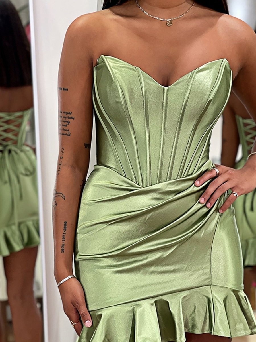 Mint Green Strapless Satin Pleated Homecoming Dress with Ruffles