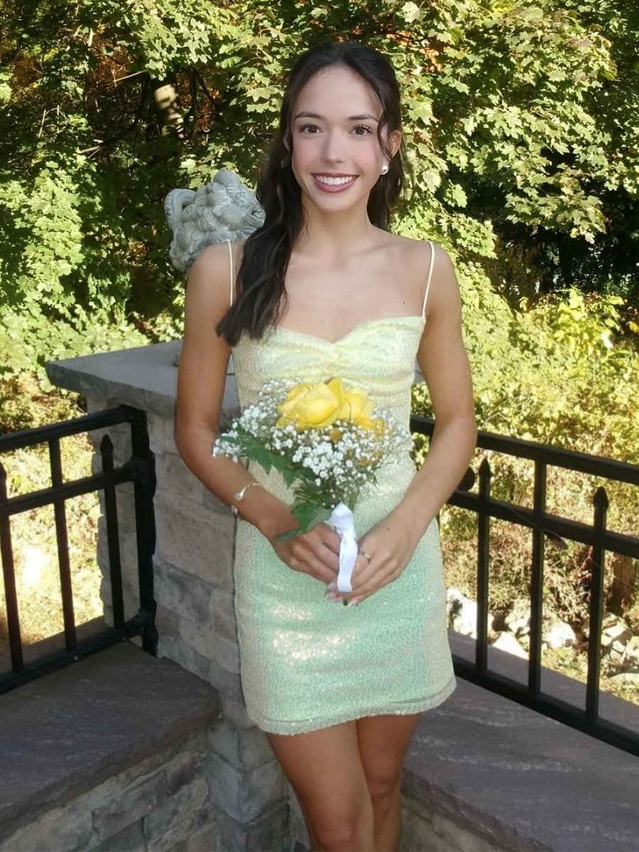 Yellow Sequined Bodycon Mini Dress with Spaghetti Straps