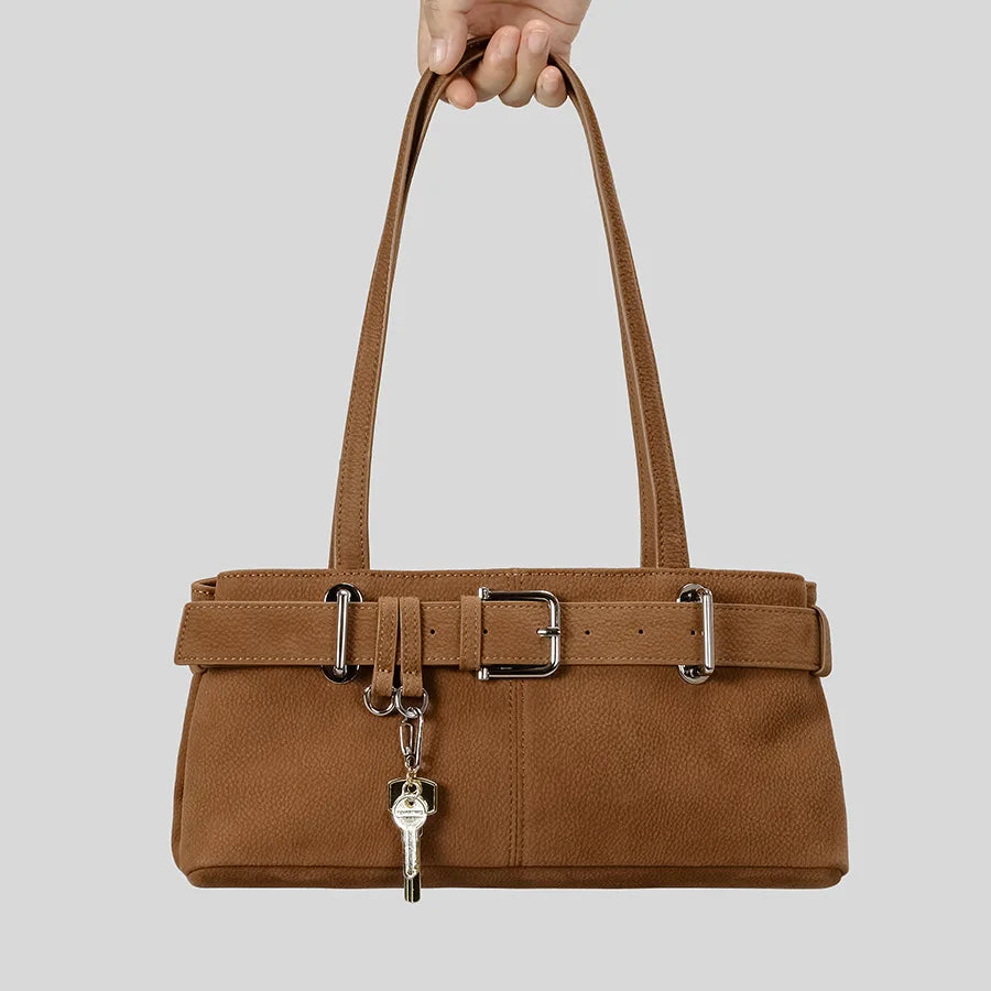 Chic Suede Shoulder Bag with Belt Buckle Accent