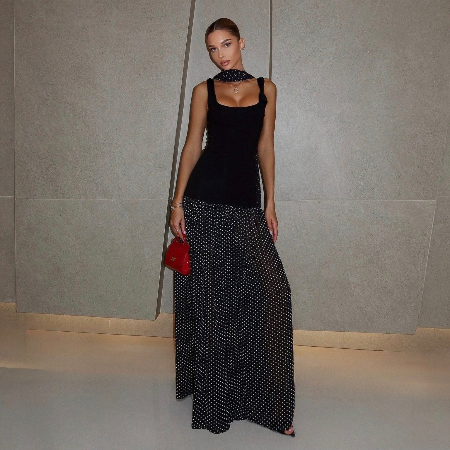 Chic Black Polka Dot Maxi Dress with Parisian Scarf Detail