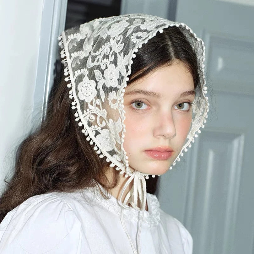 White Lace Hair Scarf Elegant Floral Design