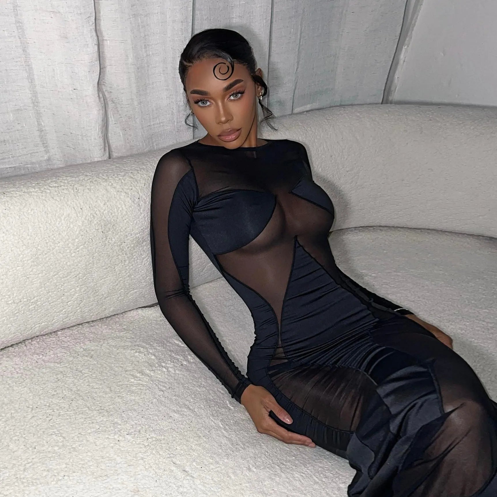 Mesh Panel Long Sleeve Maxi Dress