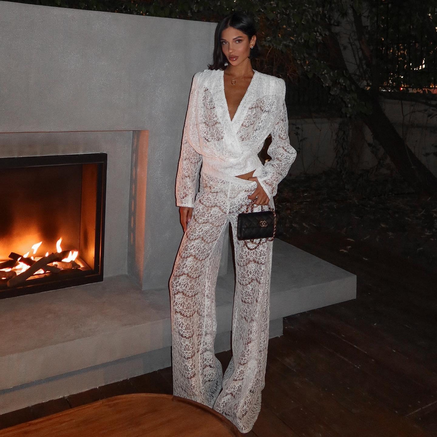 White Lace Two-Piece Set with Wrap-Style Top & Wide-Leg Pants