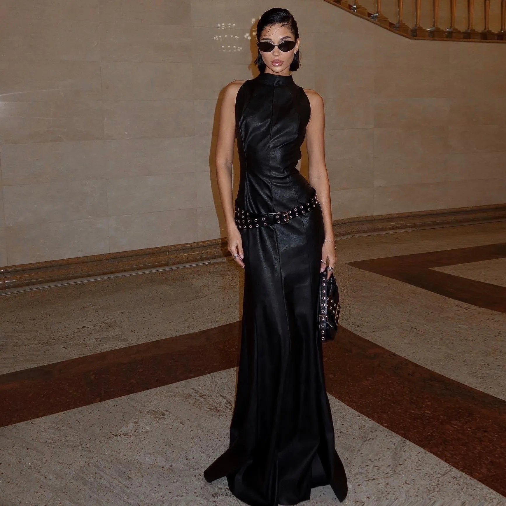 Sleek Black Faux Leather Maxi Dress