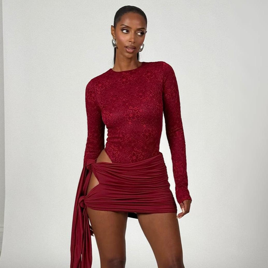 Burgundy Lace Cutout Mini Dress Elegant and Charming Style