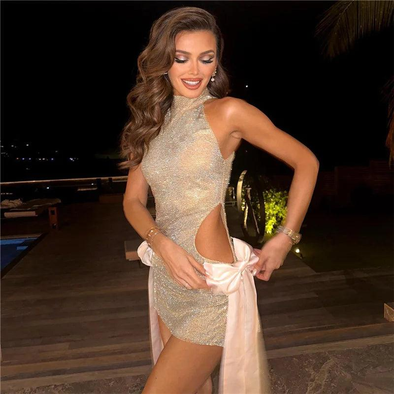 Glittery Bow Cut Out Mini Dress - Chic Elegance for Special Occasions
