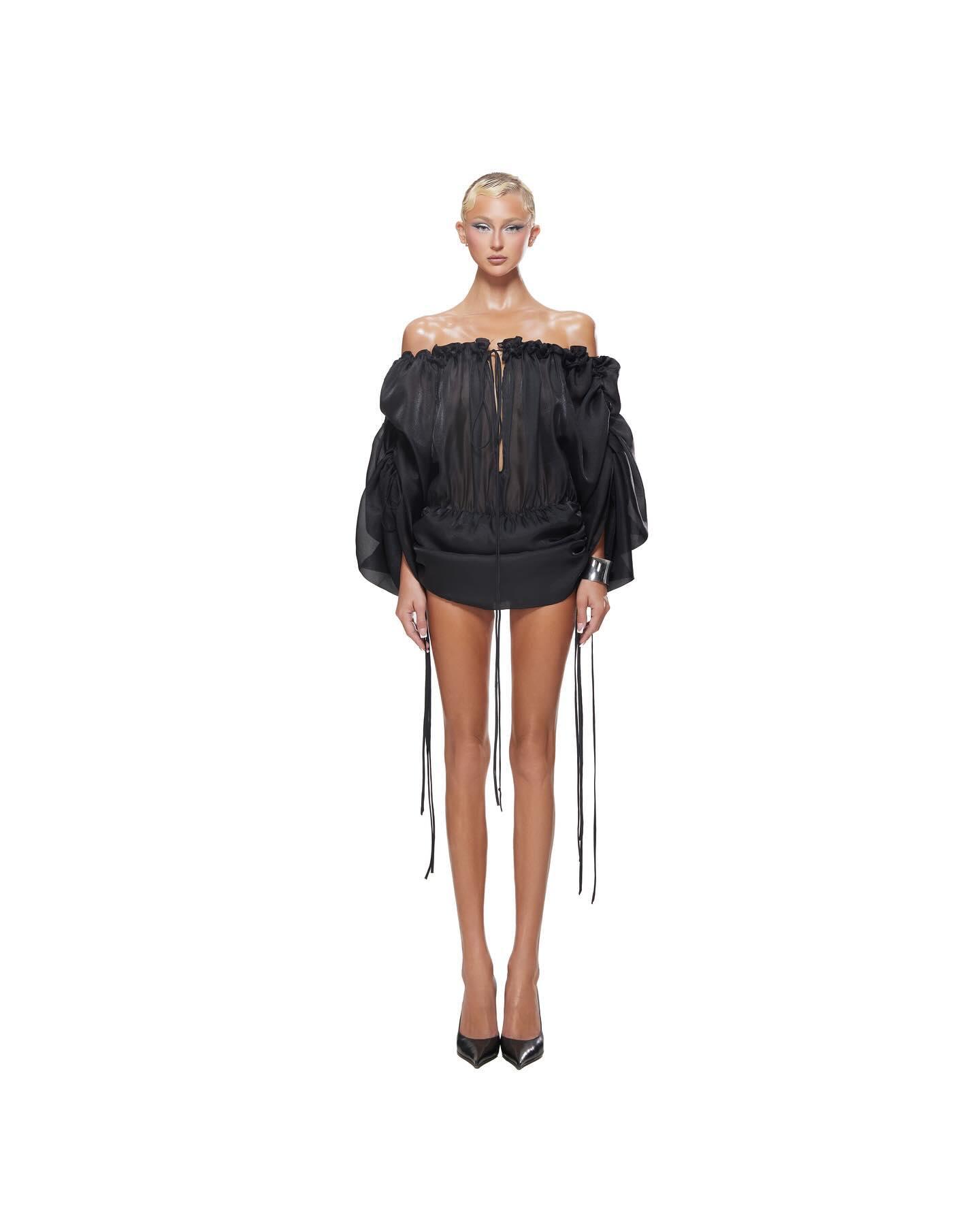Black Off-Shoulder Mini Dress with Adjustable Drawstring - Summer Chic Style
