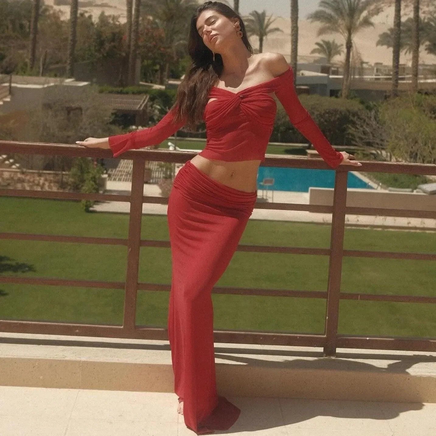 Stylish Mesh Two-Piece Set in Beige/Red, Sizes S-L