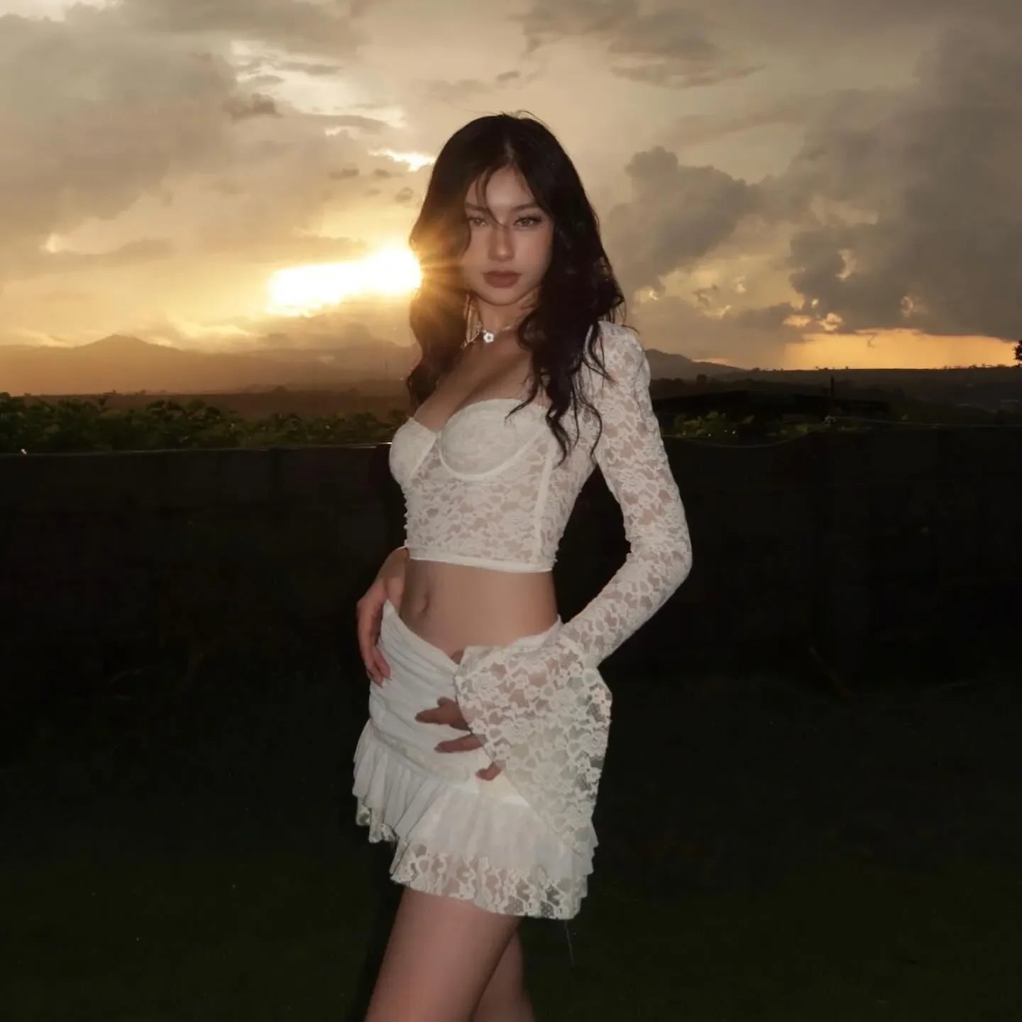 Elegant Sheer Lace 2-Piece Set Ivory for Women