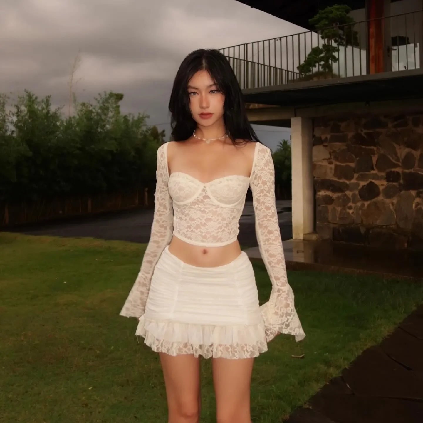 Elegant Sheer Lace 2-Piece Set Ivory for Women