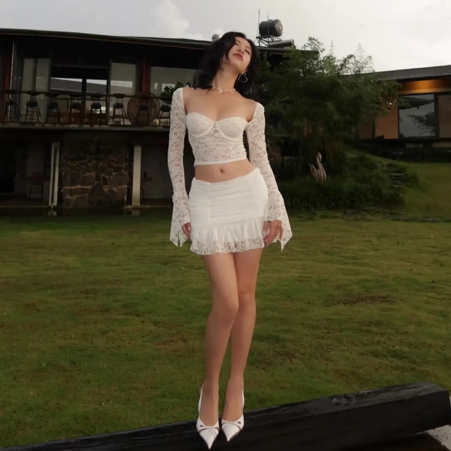 Elegant Sheer Lace 2-Piece Set Ivory for Women