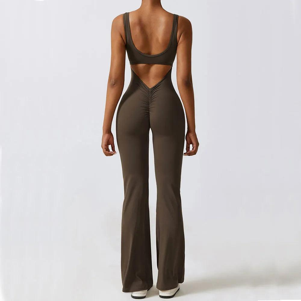 Chic Brown Flare Scrunch Jumpsuit - Backless V-Waist Design
