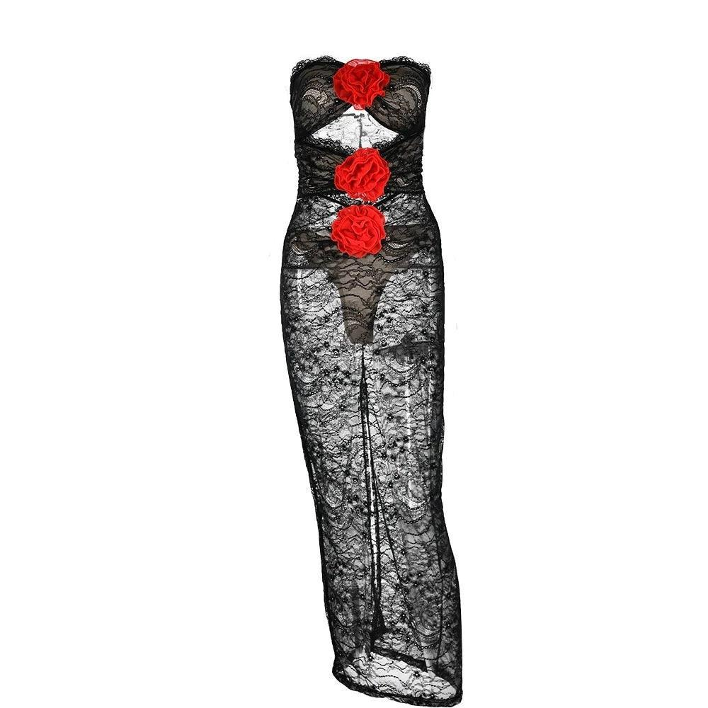 Strapless Lace Maxi Dress with Cut-Out Design