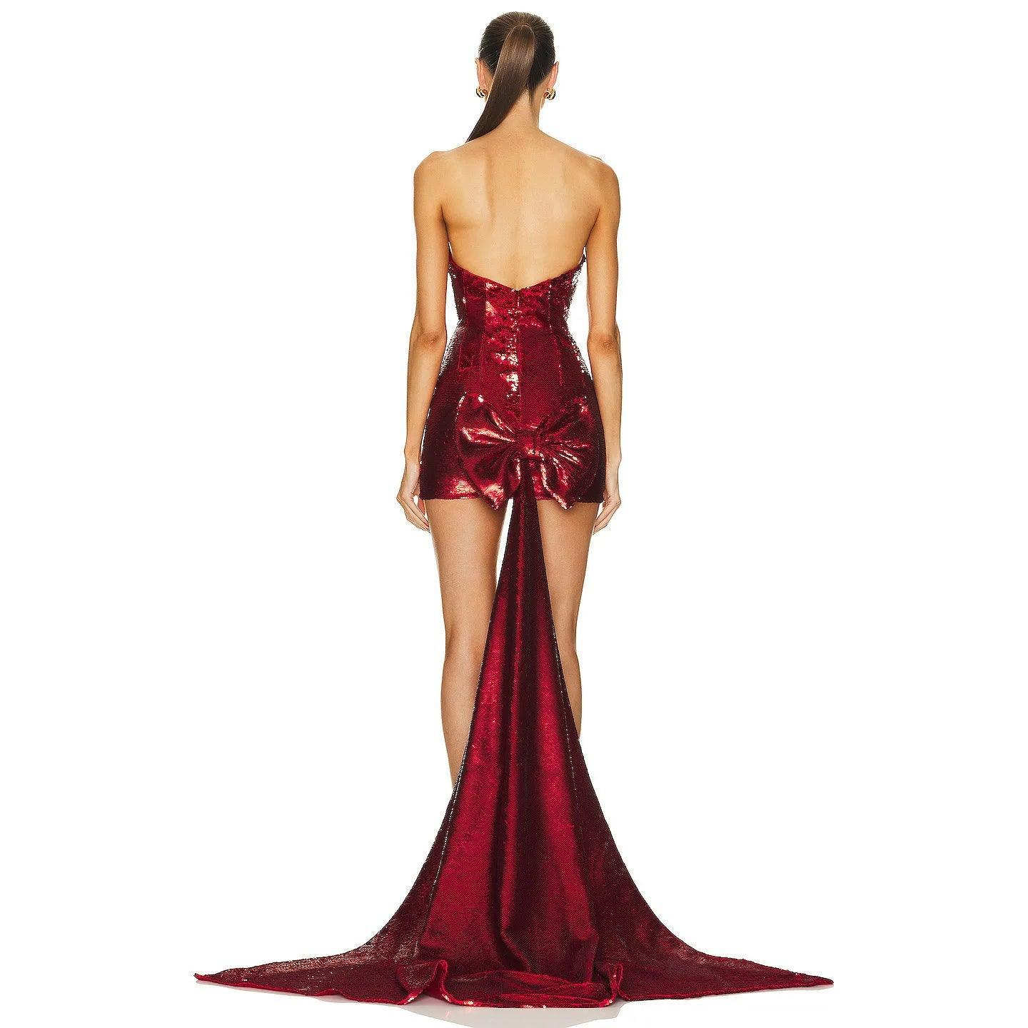 Sequin Big Bow Mini Dress - Festive Sparkling Red Dress