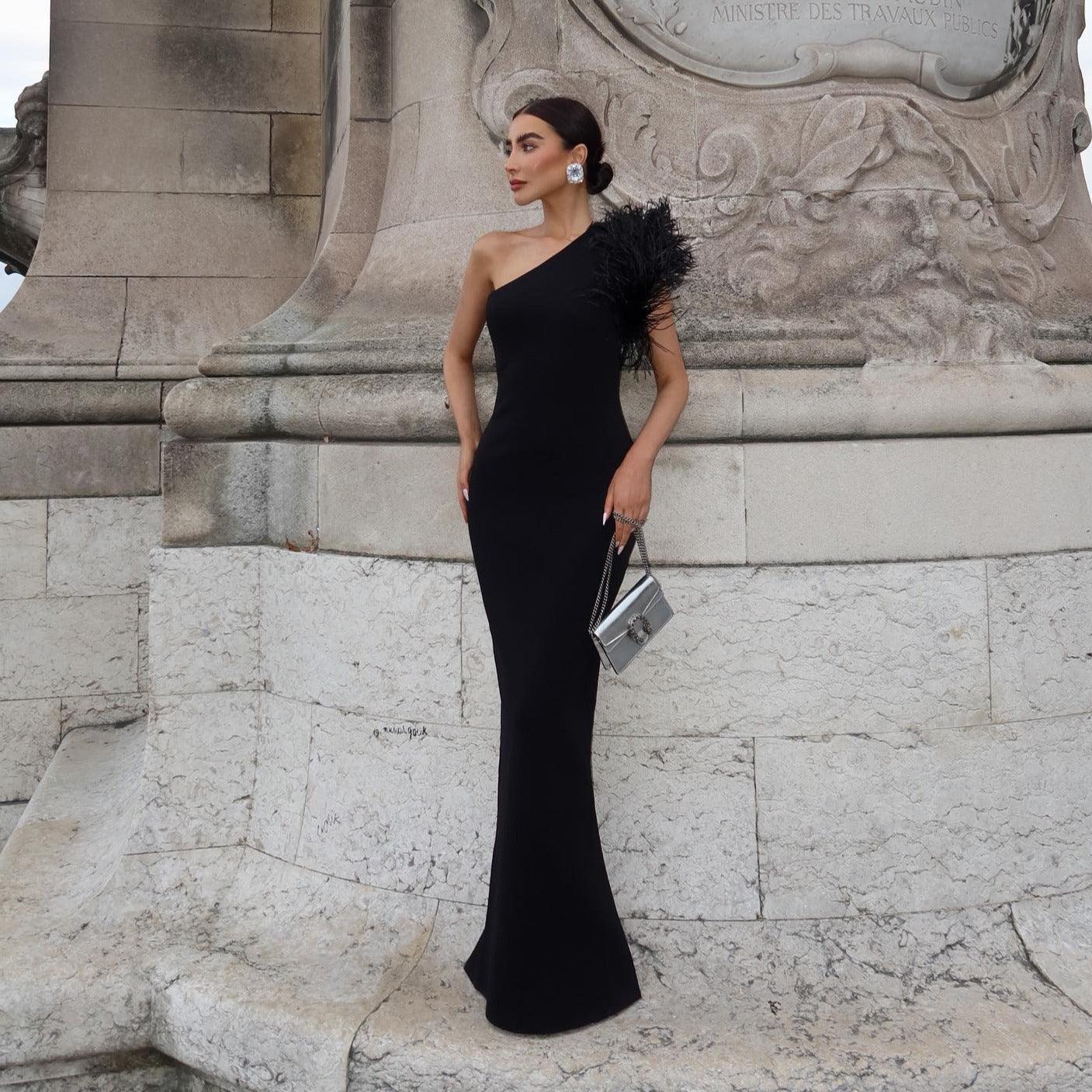 Elegant One-Shoulder Feather Maxi Dress Black
