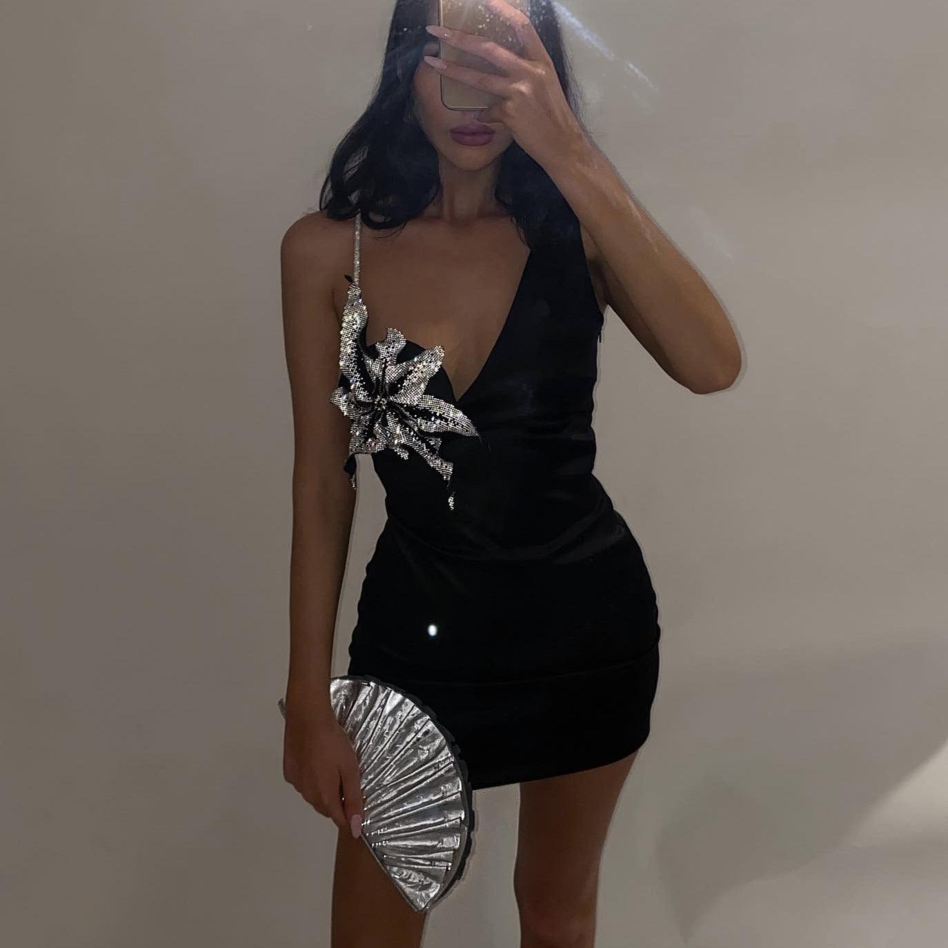 Crystal Embellished One-Shoulder Mini Dress