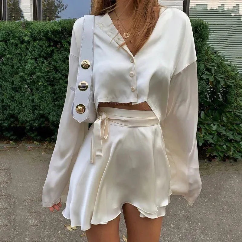 White Satin Blouse and Self-Belted Skirt Set