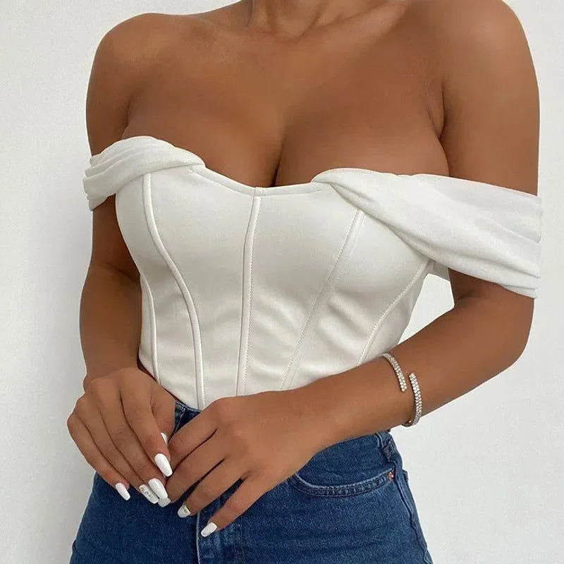 Chiffon Lace-Up Off-The-Shoulder Corset Crop Top