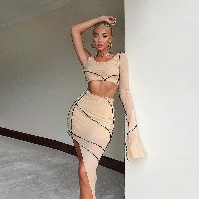 Chic Blue & Black Striped Mesh Two-Piece Set