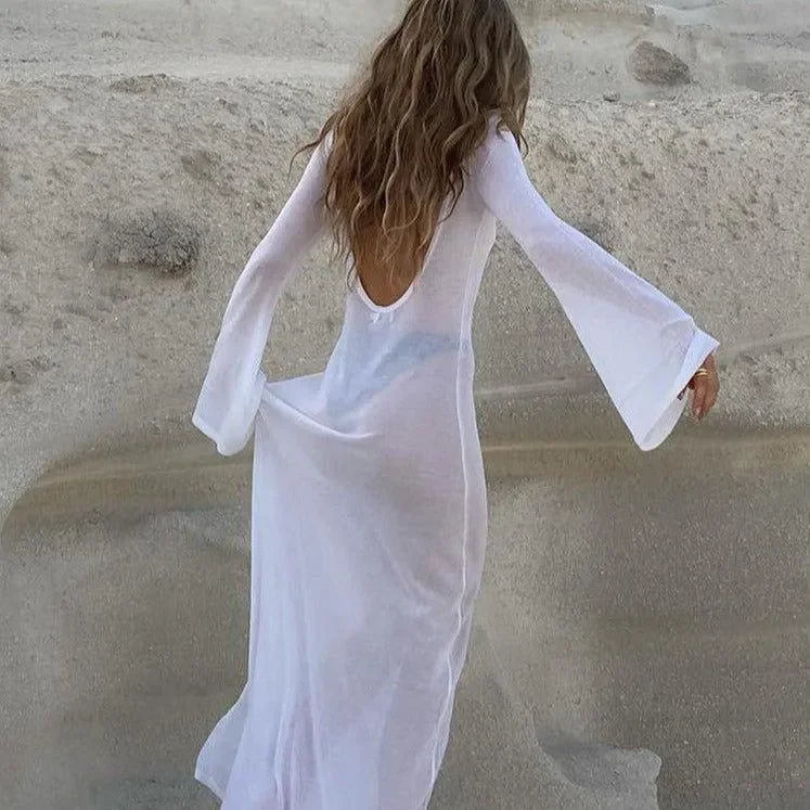 White Long Sleeve Beach Cover-Up Dress